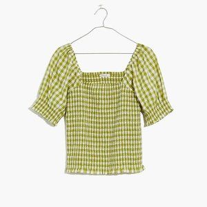 Madewell Lucie Puff-Sleeve Smocked Bodice Top in Gingham Check, Size Small